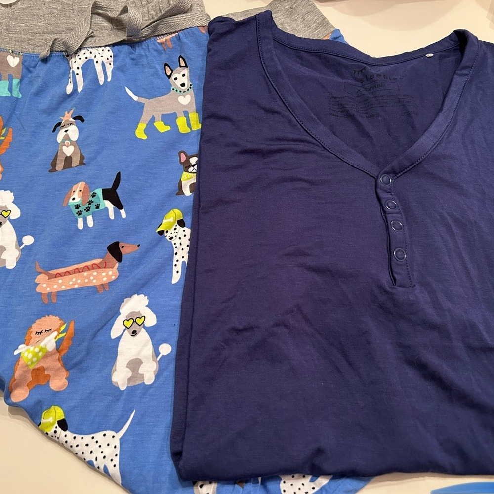 Women’s XS Little Sleepies Blue Dog Print Pajama and navy blue top set